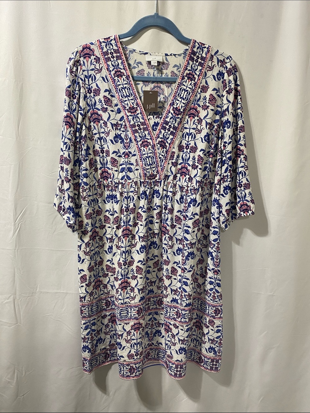 White Floral V-Neck Tunic Dress with Blue & Pink Print